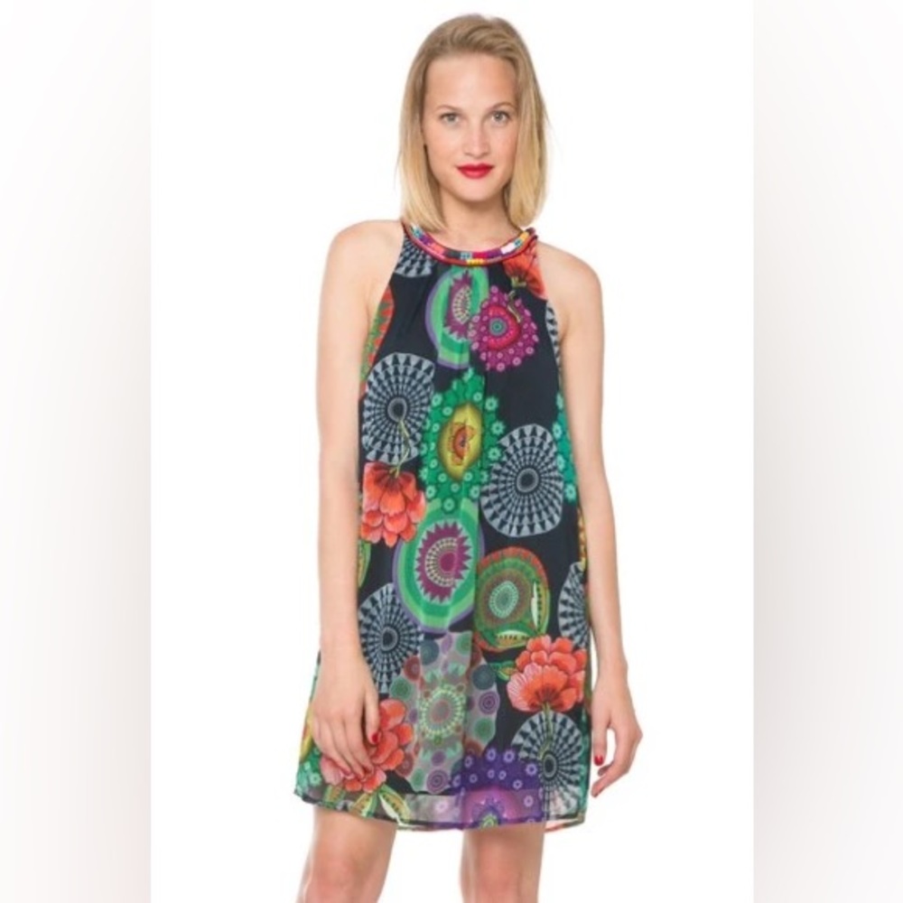 NWT Desigual Aya Dress Pattern Lined Pom Pom Beaded Pompom Handmade Colourful.